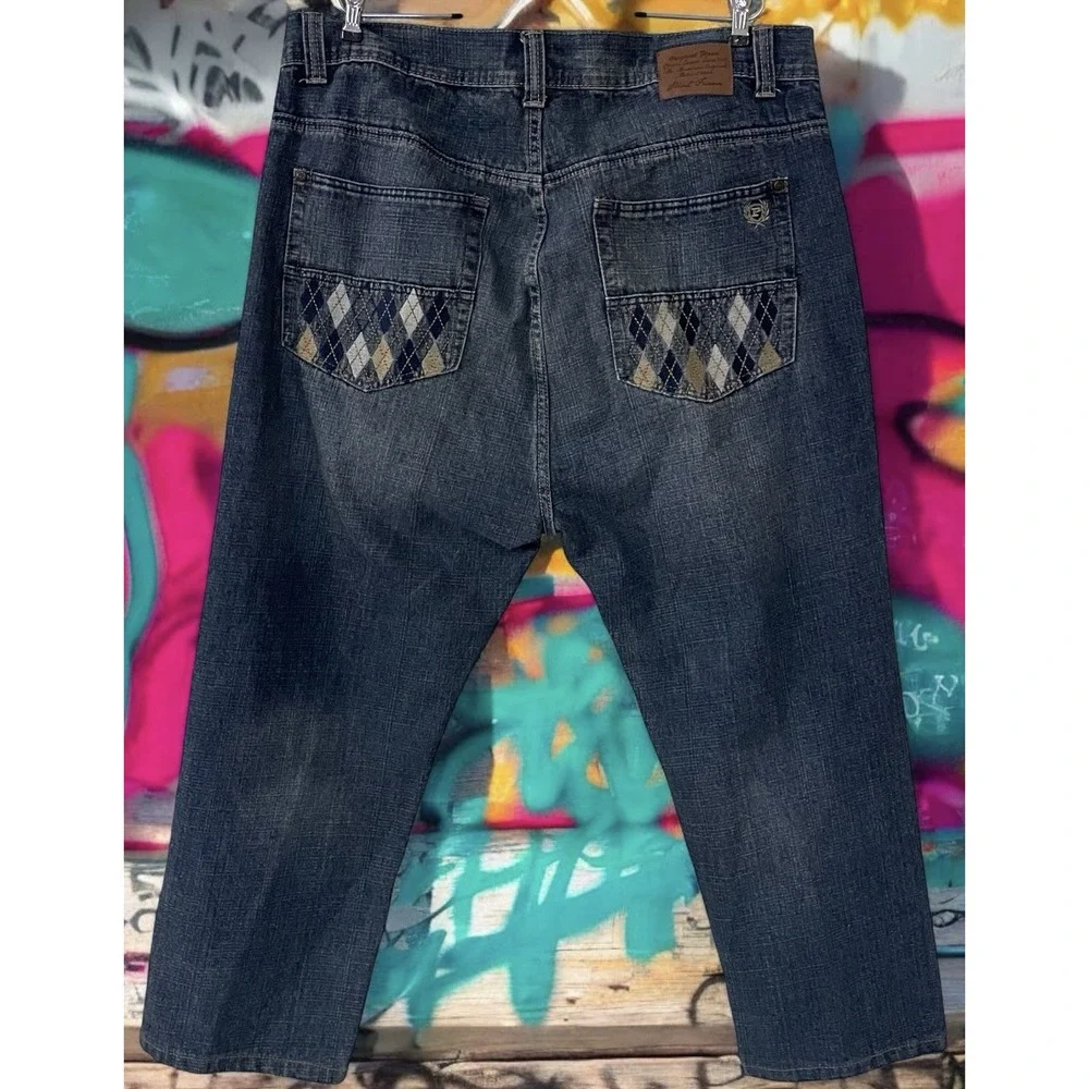 VTG Phat Farm Men Argyle Pocket Denim Jeans Straight Leg Y2K Hip Hop Baggy 42 32